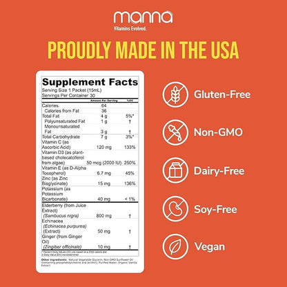 Manna Liposomal Elderberry Immune Packets – Vitamins C, D, Zinc, Echinacea & Ginger - Daily Immune Support for Adults & Kids - Sugar Free, Real Elderberry Extract & Syrup, Travel-Friendly, 30 Pack