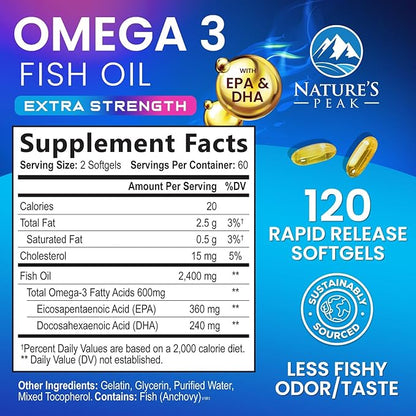 Omega 3 Fish Oil 2400 mg Supplement, Sustainably Sourced, Triple Strength Omega-3 Supplement Softgels, Brain Health Support, EPA & DHA Fish Oil Fatty Acids Supplements, Gluten & GMO Free, 120 Softgels