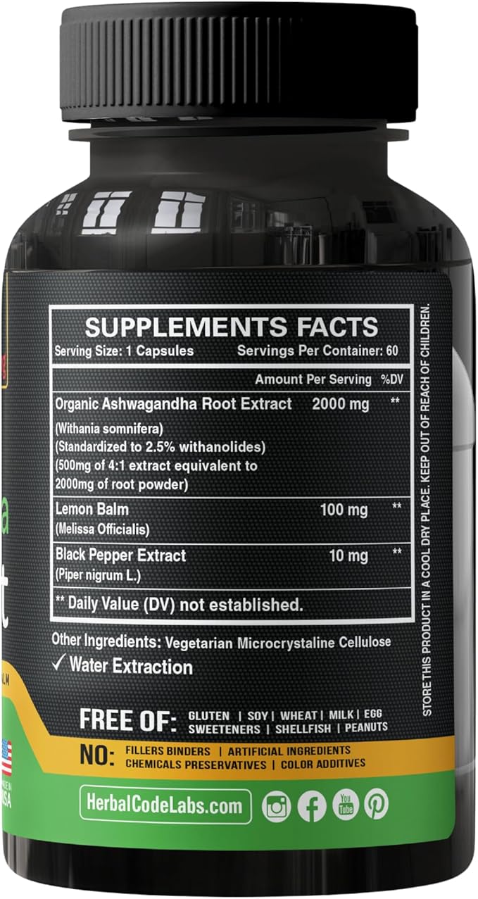 Organic Ashwagandha Capsules 2000 MG Root Powder Extract with Black Pepper & Lemon Balm 2 Month Supply - Natural Way to Relieve Stress