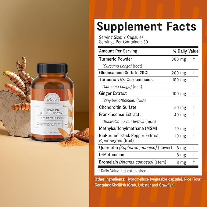 Turmeric Curcumin Supplement with Glucosamine, Chondroitin & MSM – Joint Support for Mobility, Flexibility & Comfort – Active Lifestyle Formula – 60 Capsules