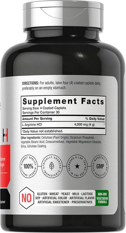 Horbäach L-Arginine 4000mg| 120 Caplets | for Men and Women | Maximum Strength Nitric Oxide Precursor | Vegetarian, Non-GMO, Gluten Free Supplement