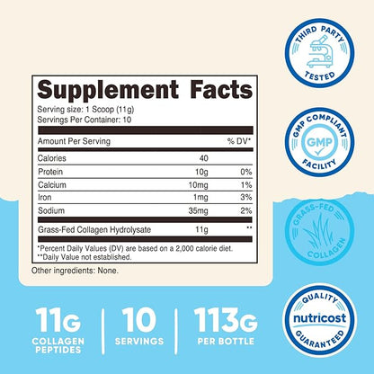 Nutricost Collagen Peptides Powder 4 oz (Unflavored) Type I, Type III Collagen - Grass-Fed, Gluten Free and Non-GMO