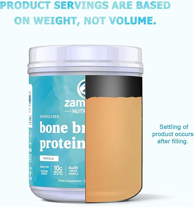 Zammex Bone Broth Protein Powder, Pure Grass Fed Beef, Vanilla Protein Powder,Hydrolyzed Collagen Supplement for Healthy Skin,Nails,Hair,Joints, Non-GMO,Gluten Free, Great in Shakes