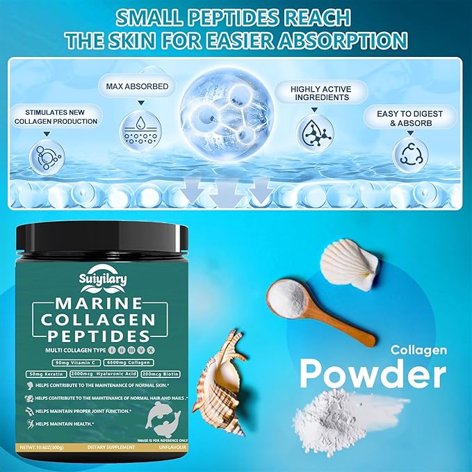 Collagen Peptides Powder for Women, Multi Marine Hydrolyzed for Healthy Hair, Skin, Nails with Hyaluronic Acid, Biotin, Vitamin C, 30 Servings (10.6 OZ, Unflavored)