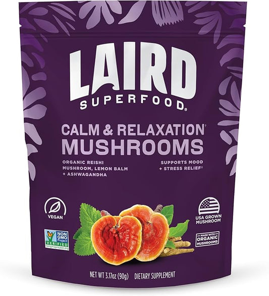 Laird Superfood Organic Calm and Relax Mushroom Blend with Reishi, Lemon Balm, and Ashwagandha, 3.17 oz. Bag, Pack of 1