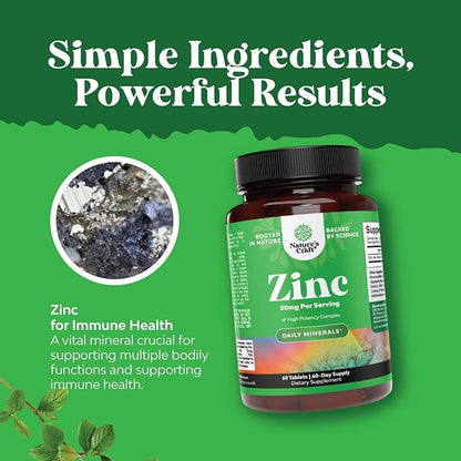 Zinc 50mg Immune Support Supplement - Zinc Complex Supplement for Immune System and to Enhance Hair Skin and Nails Vitamins - Easy to Swallow Potent Daily Tablets for Adults