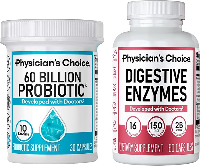 Physician's CHOICE Advanced Gut Health Bundle: 60 Billion Probiotics 30ct + Digestive Enzymes 60ct for Digestive, Gut, and Immune Health Supports Occasional Constipation, Diarrhea, Gas, and Bloating