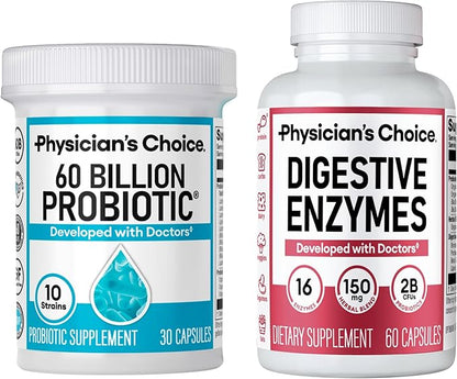 Physician's CHOICE Advanced Gut Health Bundle: 60 Billion Probiotics 30ct + Digestive Enzymes 60ct for Digestive, Gut, and Immune Health Supports Occasional Constipation, Diarrhea, Gas, and Bloating