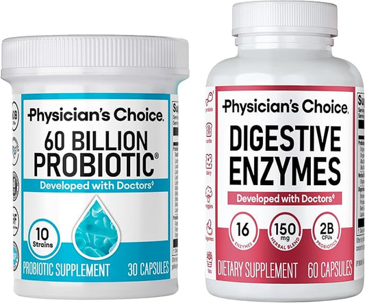 Physician's CHOICE Advanced Gut Health Bundle: 60 Billion Probiotics 30ct + Digestive Enzymes 60ct for Digestive, Gut, and Immune Health Supports Occasional Constipation, Diarrhea, Gas, and Bloating