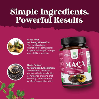 Organic Maca Root Capsules for Women - Potent Herbal Supplement with Female Enhancing Blend of Red Yellow & Black Maca Root - Non-GMO Certified Vegan and Gluten-Free with No Artificial Colors - 30ct