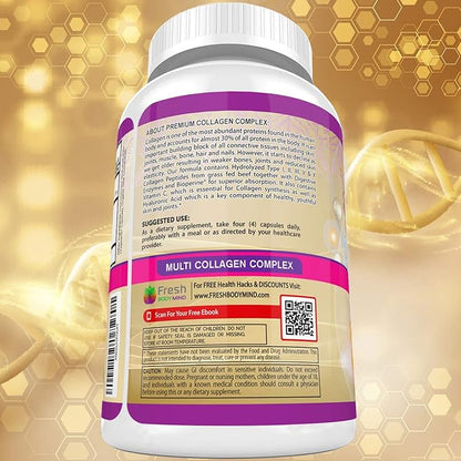 FRESH HEALTHCARE Multi Collagen Pills with Type I, II, III, V & X Peptides with Vitamin C, Hyaluronic Acid - Supports Healthy Hair, Skin, Nails and Joints - 120 Kosher Capsules