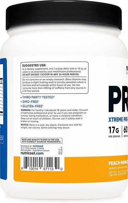 Nutricost Pre-X Xtreme PreWorkout Powder Complex, Peach Mango, 60 Servings, Vegetarian, Non-GMO and Gluten Free