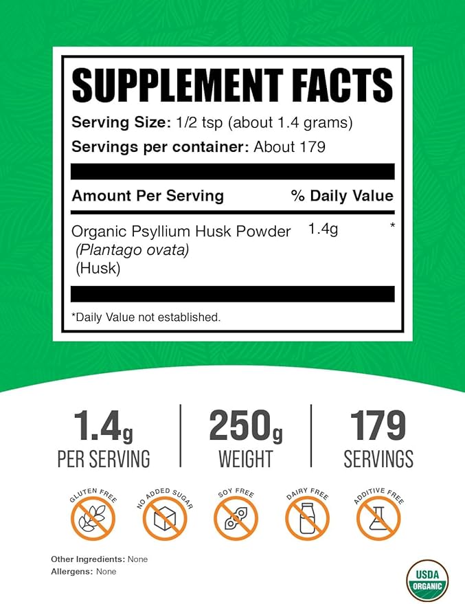 BulkSupplements.com Organic Psyllium Husk Powder - Psyllium Husk Fiber, Fiber Supplement, Nutritional Supplement - Gluten Free, 1.4g per Serving, 250g (8.8 oz) (Pack of 1)
