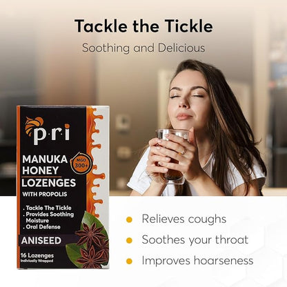 P.R.I Manuka Honey Lozenges with Propolis, Soothing Cough and Throat Drops, MGO 300+ Certified, (Original Aniseed, 16 Count)