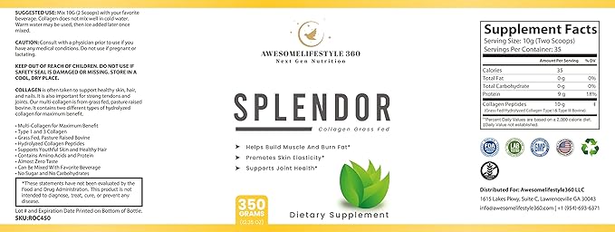Awesomelifestyle360 Next Gen Nutrition Splendor Collagen Grass Fed, Splendor Grass-Fed Collagen Peptides Powder is Made Using Collagen peptides, Type I & Type III Collagen peptides from Healthy Cows