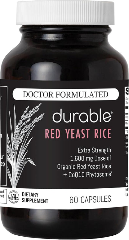 Durable Red Yeast Rice - Enhanced with CoQ10, Extra Strength Management, Heart Health, Healthy Blood Flow - 1600mg Organic Red Yeast Rice + 50 mg KanekaQ10 CoQ10 - (60 Count (Pack of 1))