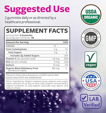 Organic Elderberry Gummies for Adults - Vegan Sambucus Elderberry Immune Support Gummies with Black Elderberry Vitamin C and Zinc for Daily & Seasonal Immunity (USDA Organic Non-GMO Vegan) - 1 Month