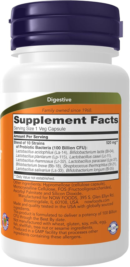 NOW Foods Supplements, Probiotic-10™, 100 Billion, with 10 Probiotic Strains,Dairy, Soy and Gluten Free, Strain Verified, 30 Veg Capsules