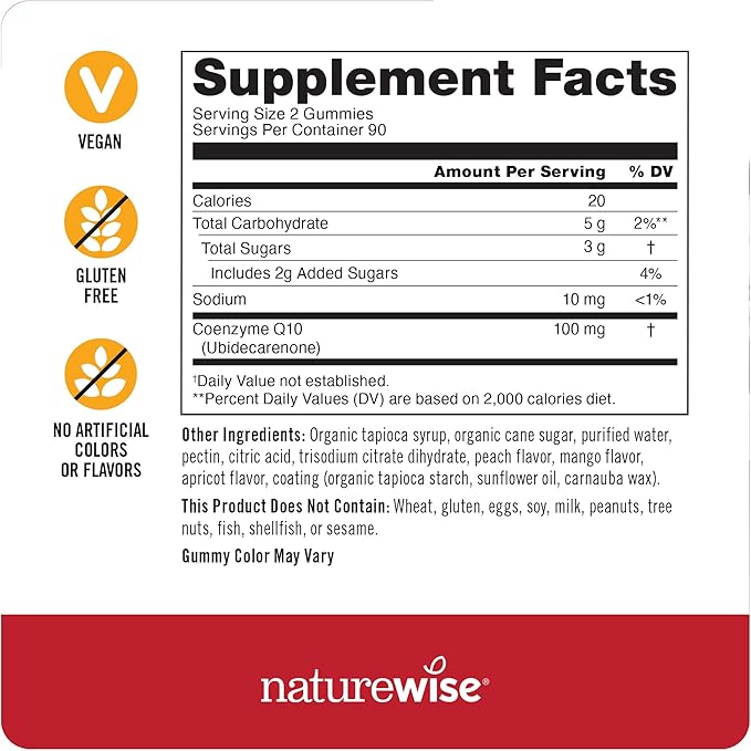 NatureWise CoQ10 Gummies 100mg - Peach Mango Flavor - Supplement for Heart Health & Antioxidant Activity - Pectin-Based, Vegan, Soy and Gluten Free, Non-GMO - 180 Count[3-Month Supply]