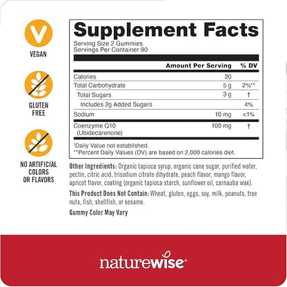NatureWise CoQ10 Gummies 100mg - Peach Mango Flavor - Supplement for Heart Health & Antioxidant Activity - Pectin-Based, Vegan, Soy and Gluten Free, Non-GMO - 180 Count[3-Month Supply]