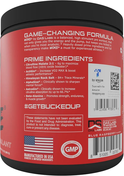 Bucked Up - Woke - HIGH STIM Pre Workout - Best Tasting - Focus Nootropic, Pump, Strength, 30 Servings (Blue Raspberry)