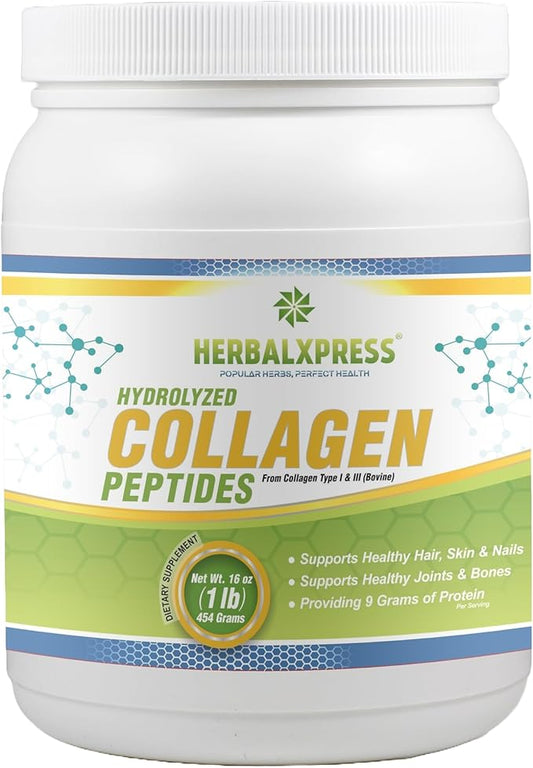 Herbalxpress Hydrolyzed Collagen Peptides Powder 454 Grams (16 oz) (1 Pound) - Providing 9 Grams of Protein per Serving - Type I & III (Bovine).