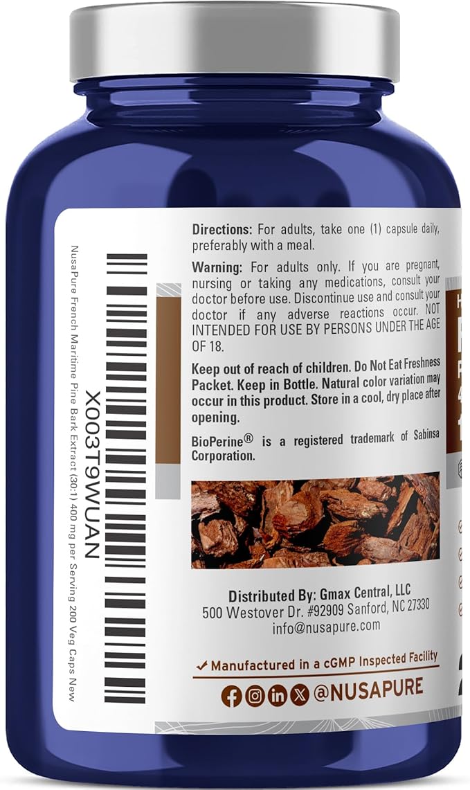 NusaPure French Maritime Pine Bark 30:1 Extract, 400 mg Equivalent to 12,000 mg Per Veggie Caps 200-Day Supply, Bioperine (Non-GMO & Vegan)