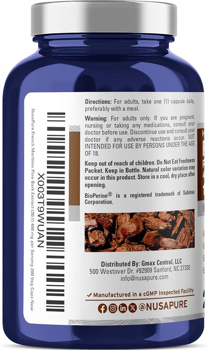 NusaPure French Maritime Pine Bark 30:1 Extract, 400 mg Equivalent to 12,000 mg Per Veggie Caps 200-Day Supply, Bioperine (Non-GMO & Vegan)