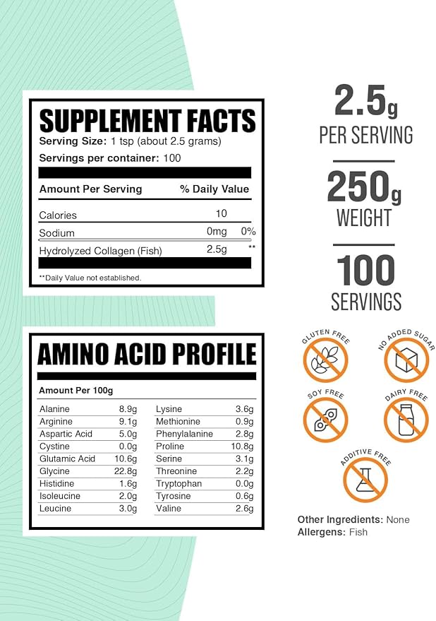 BulkSupplements.com Marine Collagen Powder - Collagen Supplement, Hydrolyzed Collagen Powder, Marine Collagen Peptides Powder - Fish Collagen Powder, 2500mg per Serving, 250g (8.8 oz)
