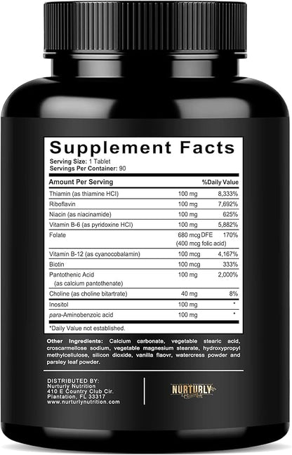 Vitamin B Complex - Contains All Essential B Vitamins - B1, B2, B3, B5, B6, B7, B9, B12 and Biotin - Super B Complex Vitamins for Energy, Immunity and Mood Support - 90 Tablets