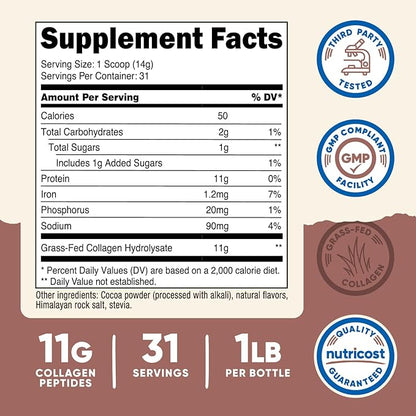 Nutricost Collagen Peptides Powder 1LB (454 G) (Chocolate) - Grass Fed Bovine Collagen Hydrolysate