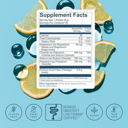 Psyllium Husk Fiber Lemonade 20 Count Travel Packs (6g Per Packet) - Psyllium Husk Powder for Digestive Health & Bloating Relief, Gluten Free, Sugar Free Prebiotic Fiber Powder, Non-GMO Supplement