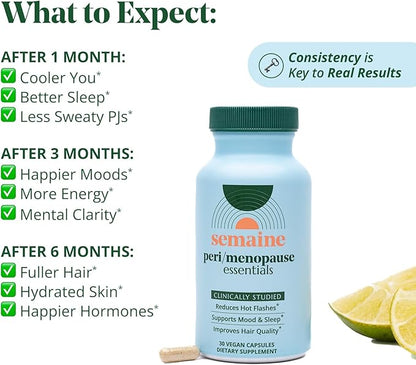 Semaine Peri/Menopause Essentials, 30 Ct. - Fuller Hair, No More Hot Flashes, Hormone Balance, Better Sleep & More - Clinically-Studied, Non-Hormonal Formula
