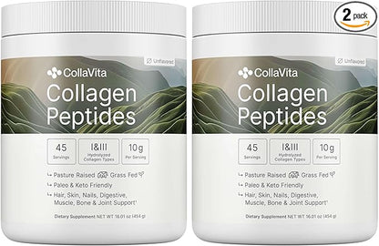 Collagen Peptides for Women & Men Grass-Fed Pasture-Raised Hydrolyzed Collagen Powder Type 1 & 3 for Skin, Hair, Nails and Joints, Paleo & Keto, Unflavored, 45 Servings, 2 Pack