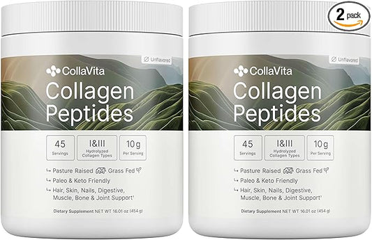 Collagen Peptides for Women & Men Grass-Fed Pasture-Raised Hydrolyzed Collagen Powder Type 1 & 3 for Skin, Hair, Nails and Joints, Paleo & Keto, Unflavored, 45 Servings, 2 Pack
