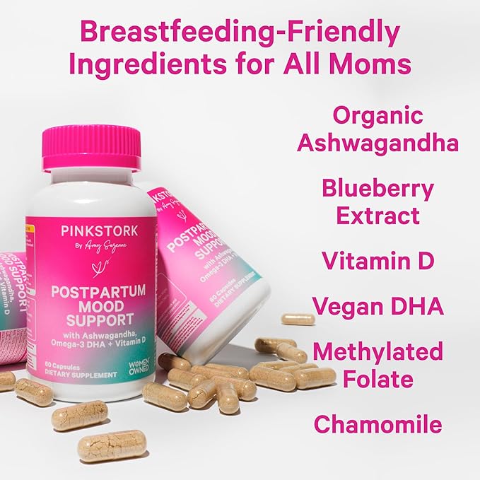 Pink Stork Postpartum Mood Support - Postnatal Hormone Balance for Women - Breastfeeding Friendly - Stress & Cognitive Support, New Mom Essentials - Ashwagandha, Chamomile, & Vitamin D, 120 Capsules