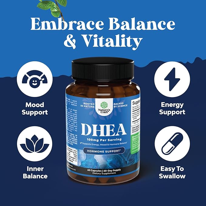 DHEA Supplement for Women & Men - Pure DHEA 100mg for Hormone Balance, Improves Mood Stability, Brain Function, Immune System, Energy & Fertility - Dehydroepiandrosterone Capsules for Adults - 60 Ct