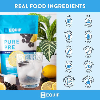 Equip Foods Pure Pre All Natural Pre-Workout Powder | Green Tea Caffeine, Sea Salt, EAA, Vitamin C, B6, B12, L-carnitine, Agnine | Naturally Boosts Workouts | 30 Servings, BlackBerry Lemon Caffeinated