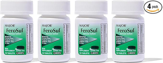 Major Ferosul - Ferrous Sulfate 325mg Tablets with 65mg of Elemental Iron - Iron Supplement for Women, Men - Green - 100 Count (4 Pack)