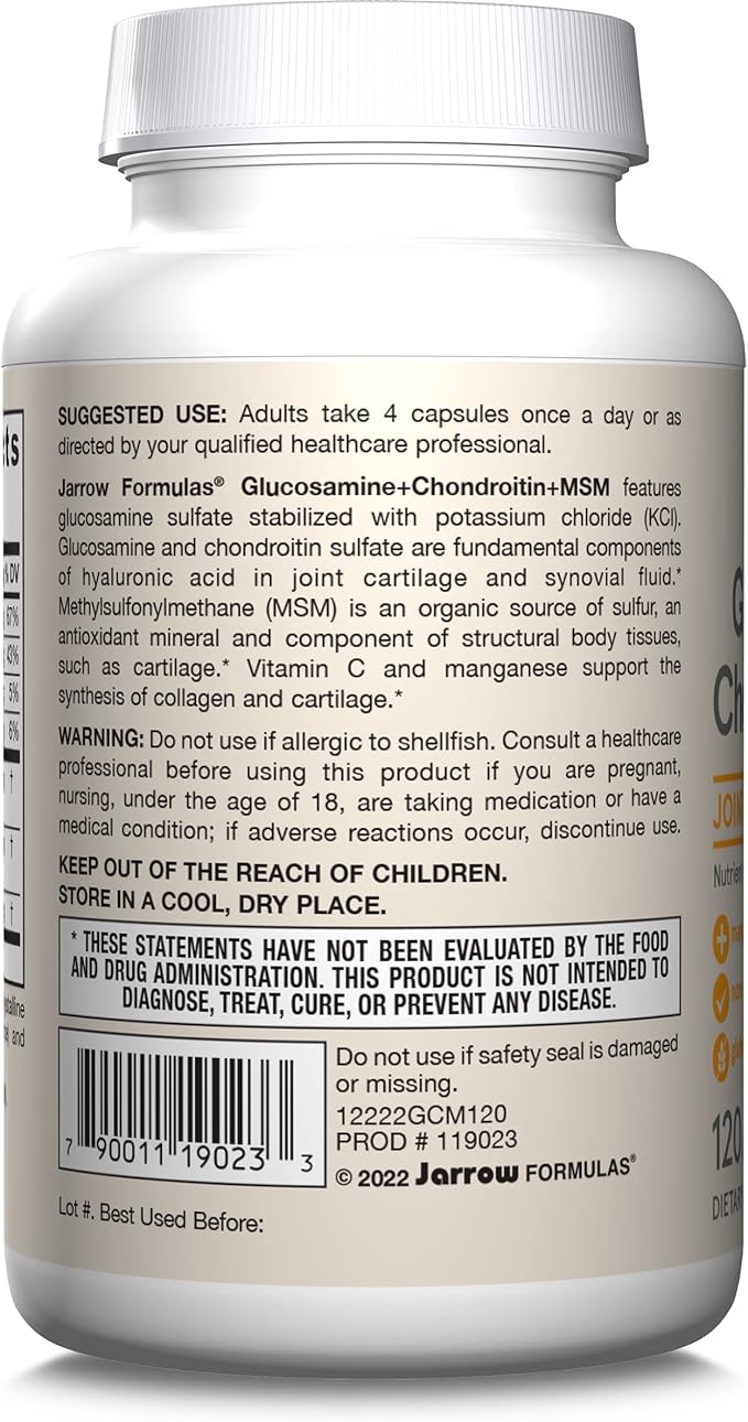 Jarrow Formulas® Glucosamine + Chondroitin + MSM Capsules, Joint Support Supplement with Vitamin C and Manganese, 30 Capsules, 120 Day Supply