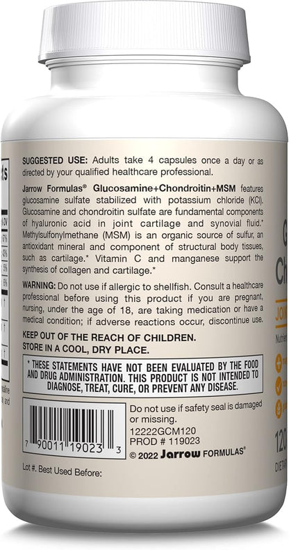 Jarrow Formulas® Glucosamine + Chondroitin + MSM Capsules, Joint Support Supplement with Vitamin C and Manganese, 30 Capsules, 120 Day Supply