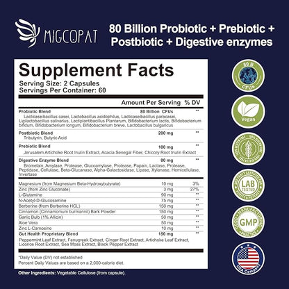 Probiotic Prebiotic, Postbiotic & Digestive Enzymes for Digestive Health, 80 Billion CFU Probiotics Complete Gut Support with Berberine, Cinnamon, L-Glutamine, for Men & Women, 120 Capsules