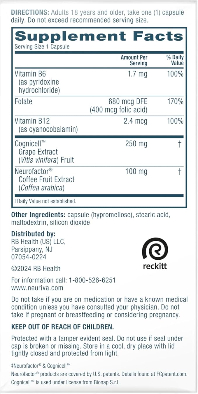 NEURIVA Memory 3D Brain Supplement - Decaffeinated Nootropic Capsules for Memory & Cognitive Function - Short Term, Long Term, & Working Memory Support - 50ct