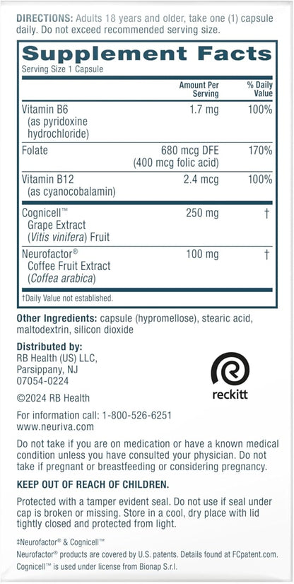 NEURIVA Memory 3D Brain Supplement - Decaffeinated Nootropic Capsules for Memory & Cognitive Function - Short Term, Long Term, & Working Memory Support - 50ct