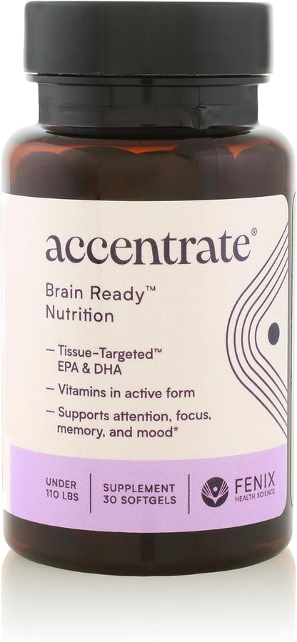 Accentrate - Focus Supplement - Methylated Vitamin B Complex w/Omega 3 Fatty Acid Supplement - Omega-3 EPA and DHA, L-Methylfolate, Vitamin B12, P-5-P, VIT D - 1 Month (30 Softgels)