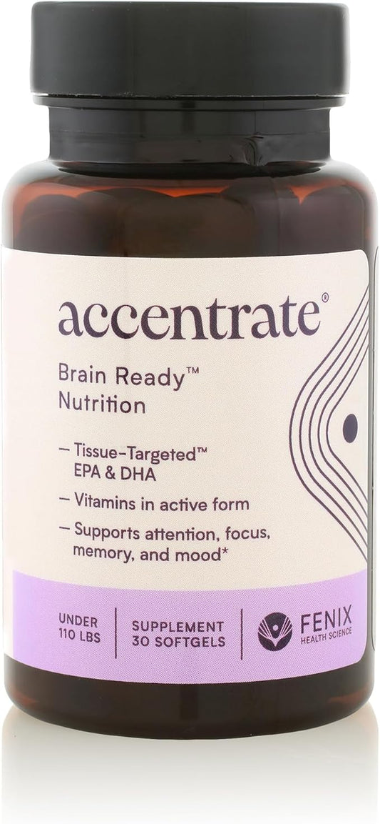 Accentrate - Focus Supplement - Methylated Vitamin B Complex w/Omega 3 Fatty Acid Supplement - Omega-3 EPA and DHA, L-Methylfolate, Vitamin B12, P-5-P, VIT D - 1 Month (30 Softgels)