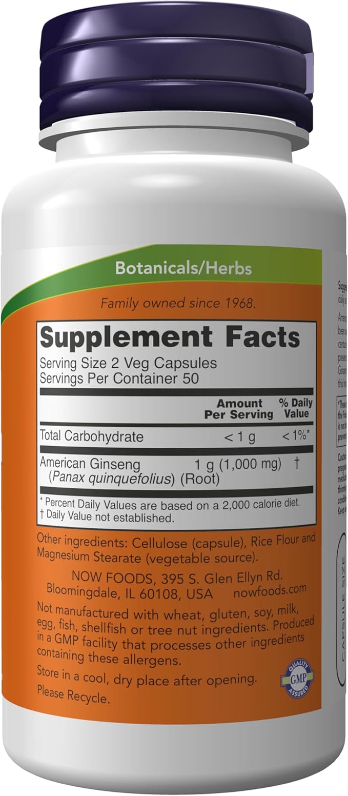 NOW Foods Supplements, American Ginseng (Panax quinquefolius) 500 mg, Herbal Supplement, 100 Veg Capsules