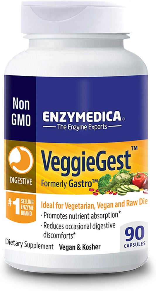 Enzymedica VeggieGest, Digestive Enzymes for Vegan, Vegetarian and Raw Diets, Prevents Gas and Bloating, 90 Capsules (FFP)