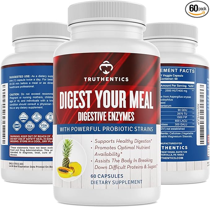 TRUTHENTICS Digestive Enzymes Plus Probiotics & Prebiotics with Bromelain, Lactase, Galactosidase, Acidophilus - Vegan Digestion Aid, Constipation Bloating & Gas Relief for Men & Women - 60 Capsules