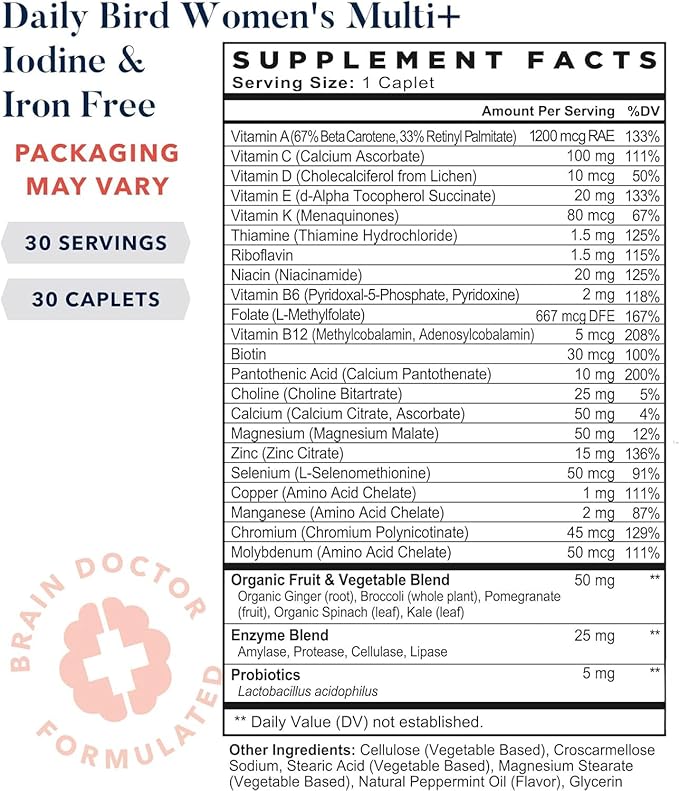 Best Nest Wellness Women's Multi Plus Iodine & Iron-Free - Brain & Energy Support Supplement - Serotonin Support with Vitamin B6 - Probiotics & Digestive Enzyme Blend - 30 Caplets